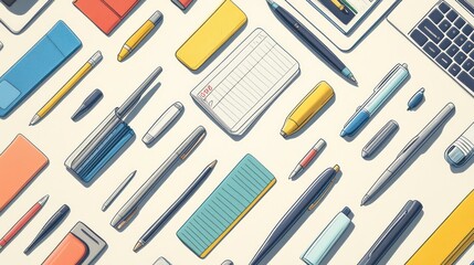 Fototapeta premium Flat lay of various office supplies including pens, pencils, erasers, notebooks, and a tablet on a white background.