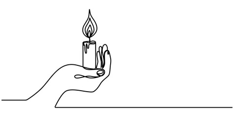 Human hands holding candle outline, Continuous one line drawing of a hands holding burning candle. Human hands holding a memory candle. Melting wax candle in hands. Vector minimalism design isolated. 