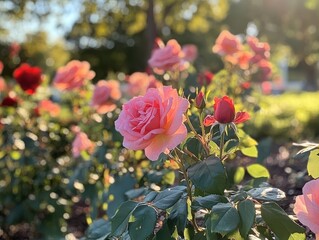 Beautiful blooming roses in a vibrant garden during golden hour with sunlight filtering through greenery and soft petals creating a serene atmosphere