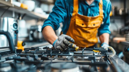 Close up of a technician repairing a gas stove in a kitchen  appliance maintenance in action