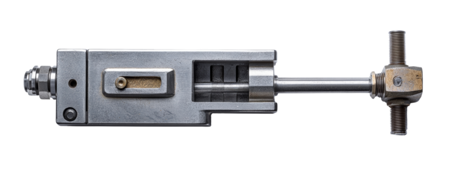 Industrial machinery close-up shot. Close-up view of a metallic industrial machine component featuring bolts, threaded rods, and precision-engineered parts for mechanical applications.