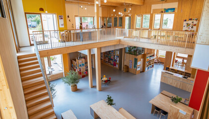 Modern school interior design featuring light wood and open spaces