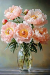 Obraz premium Beautiful Pink Peony Flowers in a Glass Vase on a Soft Green Background, Captivating Floral Arrangement for Home Decor or Art Projects