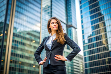 Fototapeta premium A young woman in a business suit stands confidently in front of a city skyline, exuding power and success.