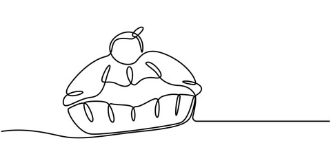 one continuous line drawing of pie cake on plate isolated on white background. Food concept vector, Apple Pie Line icon, Sketch and Doodle Design, Pixel perfect, Editable stroke. Bakery, Flour. 