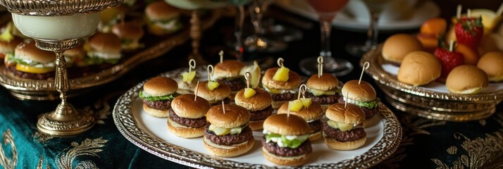 A lavish display of mini burgers and fruits on ornate platters for a festive gathering.