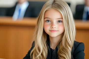 Fototapeta premium A young girl with long hair sits confidently at a desk, surrounded by adults in a formal setting, conveying a sense of poise and intelligence.