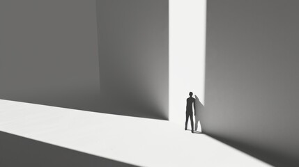 A solitary figure stands dramatically in a minimalist environment defined by sharp contrasts of light and shadow. Ideal for concepts of isolation, introspection, or simplicity. AI generated.