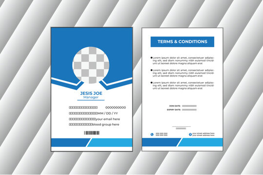 A clean and professional identity card template featuring gradient blue and navy abstract liquid accents. Ideal for corporate and modern identity needs, this template emphasizes a sleek and creative.