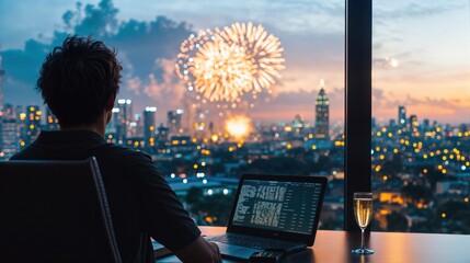 Man working on laptop in modern office with city skyline and fireworks celebrating New Year at sunset.
