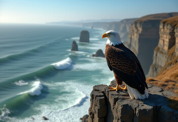 Majestic bald eagle perched on a cliff overlooking dramatic ocean waves and coastal rock formations. - Powered by Adobe