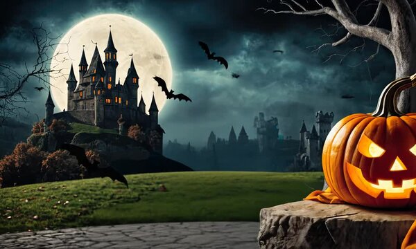Halloween pumpkin lattern with medieval castle on background