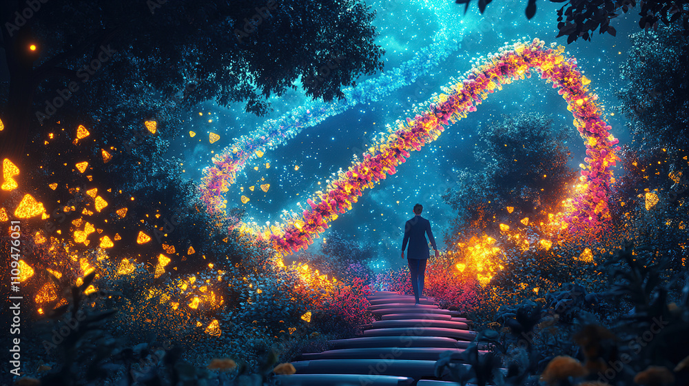 Poster journey through a vibrant forest path illuminated by glowing flowers and trails of light at twilight