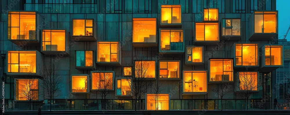 Poster modern building facade with illuminated windows at dusk.