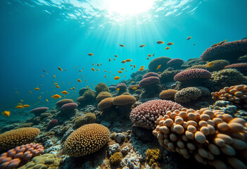 Naklejka premium Diverse coral formations with yellow fish in clear blue water.