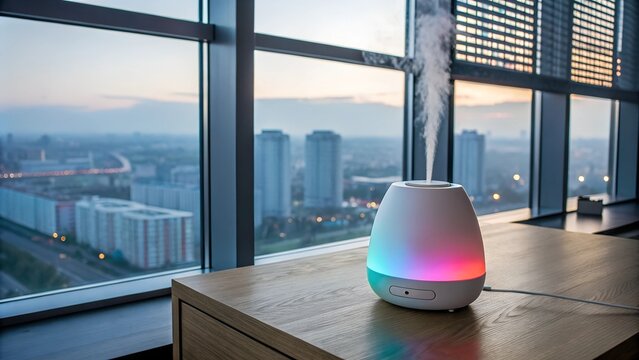 Modern aroma diffuser releasing steam with colorful light in a stylish interior overlooking the city skyline
