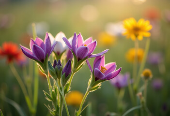Fototapeta premium Close up of purple wildflowers in golden sunlight.
