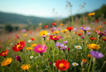 Vibrant wildflowers bloom in a picturesque field  bathed in the warm sunlight of a summer day.