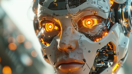 Close-up of a female android's face, revealing intricate mechanical details and glowing orange eyes.