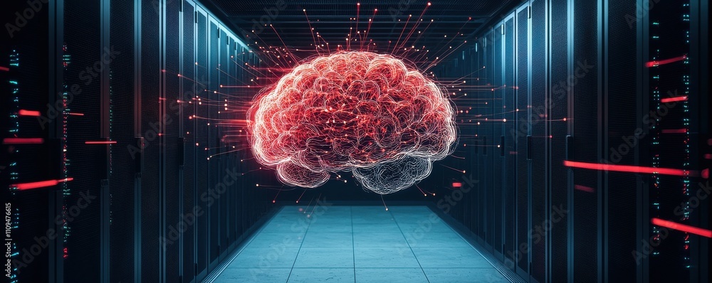 Poster conceptual image of brain inside a digital data center.