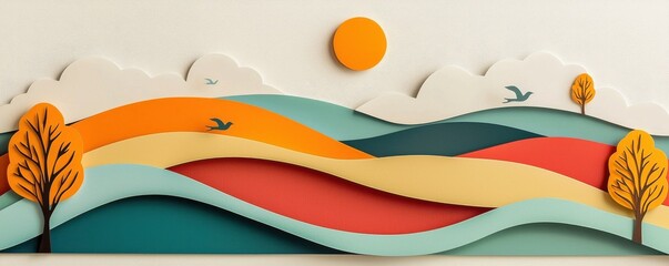 Colorful paper art landscape with trees and sun details.