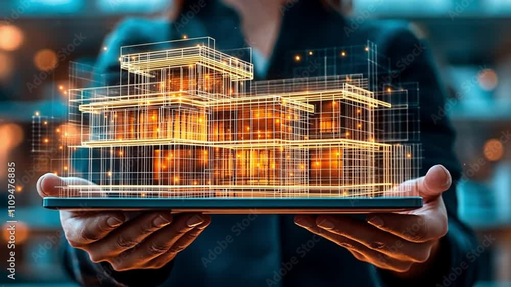 Poster A digital 3D style building projection floats above a tablet held by an architect. Concept of advanced design technology and virtual construction.
