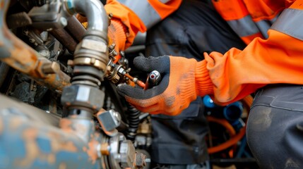 Close up of a technician repairing a gas stove in a kitchen setting with appliances in focus