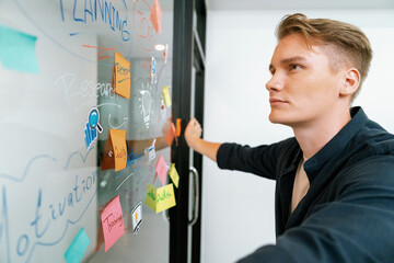 Closeup image of professional caucasian businessman presenting business marketing idea with confident by using mind map and colorful sticky note. Start up project concept. Portrait. Immaculate. © InfiniteFlow