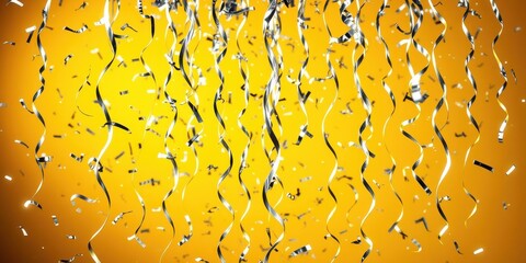 Shiny silver streamers falling against a vibrant yellow background, celebrating a joyous occasion.