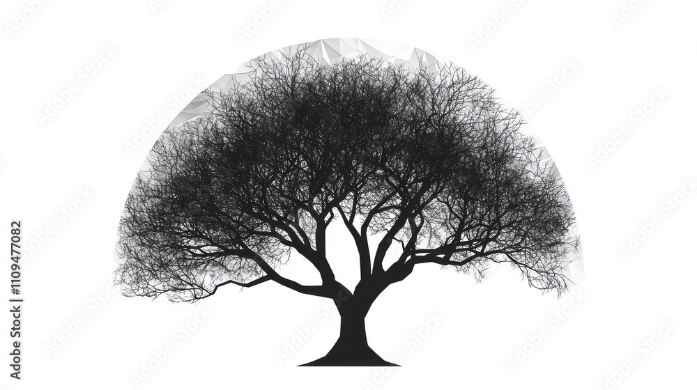 Poster silhouette of a large, leafless tree against a textured, semicircular background.
