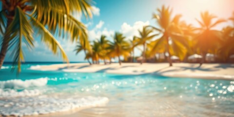 Fototapeta premium A Soft, Blurred View of Palm Trees Swaying Gently in the Breeze, Their Shadows Cast Upon the Sparkling Sand, Creating a Peaceful Tropical Retreat