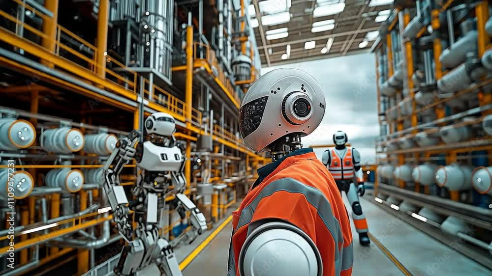 Poster a team of robots performs tasks in a cutting-edge automated warehouse. concept of the future of work