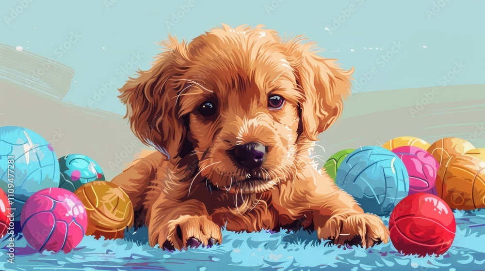 Poster a playful puppy surrounded by colorful balls on a soft surface.