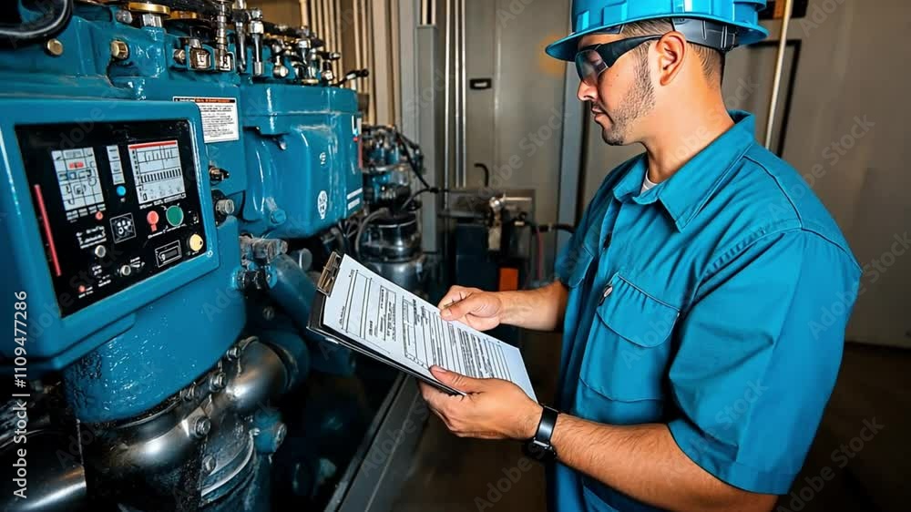 Poster a factory worker with safety glasses observes control panels and takes notes. concept of diligence a