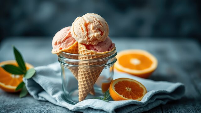 Creamy Orange Ice Cream Cones Resting in a Glass Jar on a Blue Cloth, with a Slice of Orange Besie