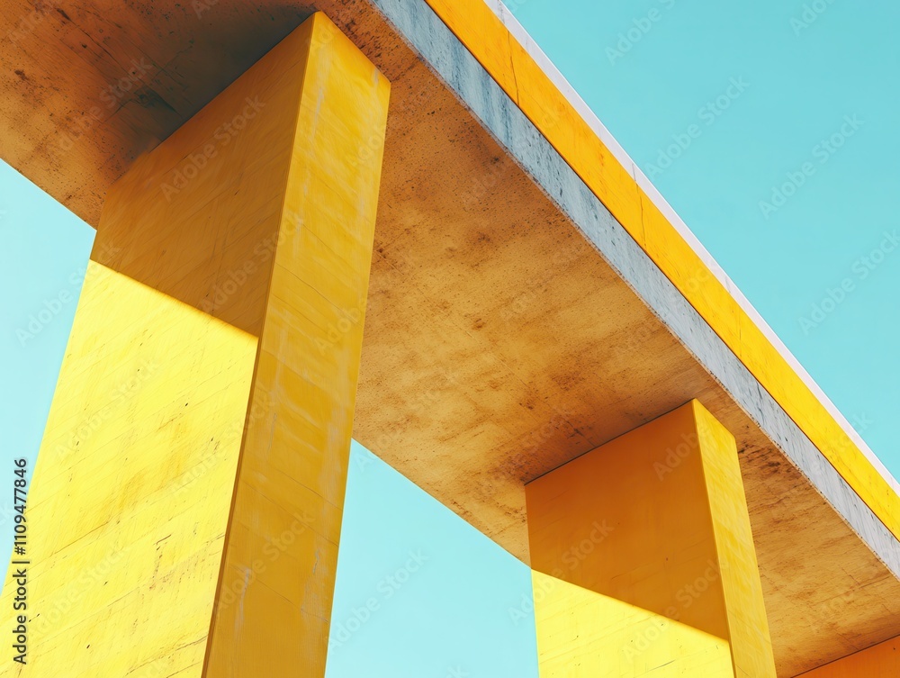 Poster bright yellow concrete pillars supporting minimalist bridge against clear sky, showcasing modern arc
