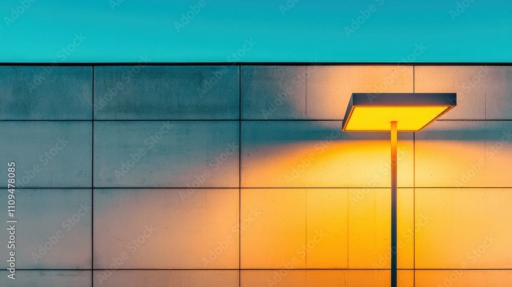 Poster modern architectural features with ambient light at twilight.