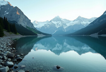 Serene mountain lake reflecting snow capped peaks  a tranquil landscape. - Powered by Adobe