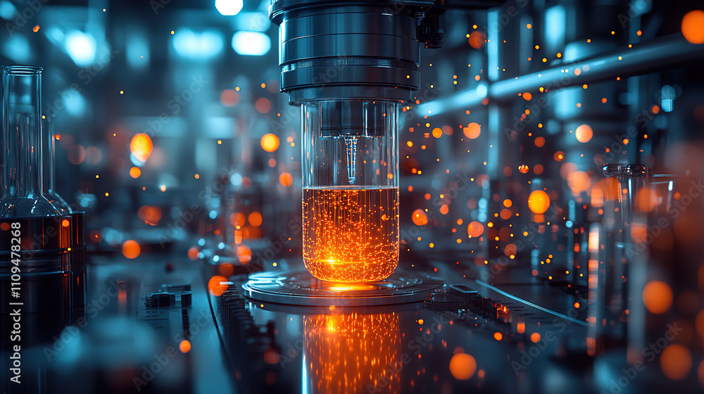 Poster experiment in a modern lab with glowing liquid and advanced equipment illuminating the workspace in 