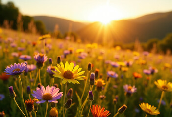 Fototapeta premium Vibrant wildflowers bathed in the golden light of a sunset creating a breathtaking natural scene.