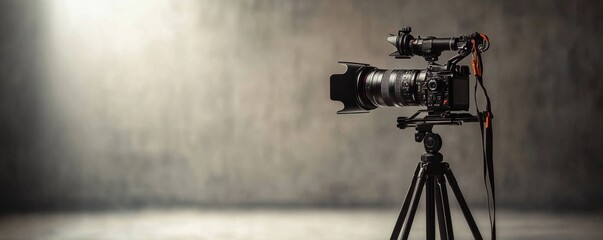 Professional video camera on tripod in a studio setup.