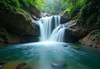 Fototapeta premium Serene waterfall cascading down mossy rocks into a teal pool surrounded by lush green forest.