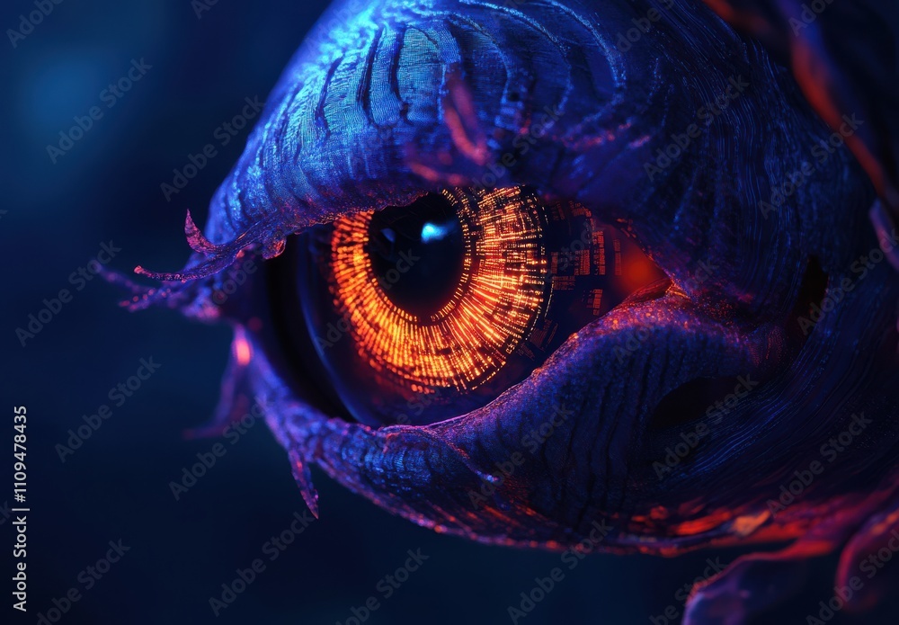 Poster captivating close-up of an intricate alien eye with glowing patterns and rich textures, showcasing a