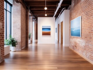 Fototapeta premium Modern art gallery interior showcasing contemporary artwork with natural light and exposed brick walls creating an inviting atmosphere for visitors