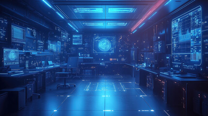 Obraz premium High-tech control room with glowing screens and futuristic design in a dark environment. Generative AI