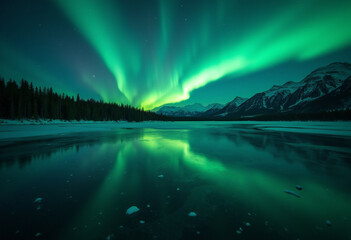 Aurora borealis reflected in frozen lake with snow capped mountains.