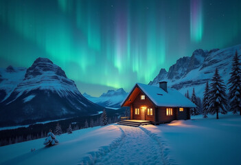 A cozy log cabin nestled in a snowy mountain valley under the breathtaking aurora borealis.