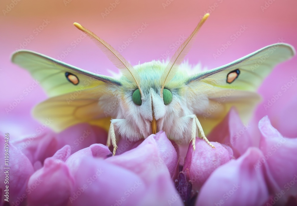 Aufkleber close-up of a colorful moth resting on delicate pink flower petals with soft background blur, captur