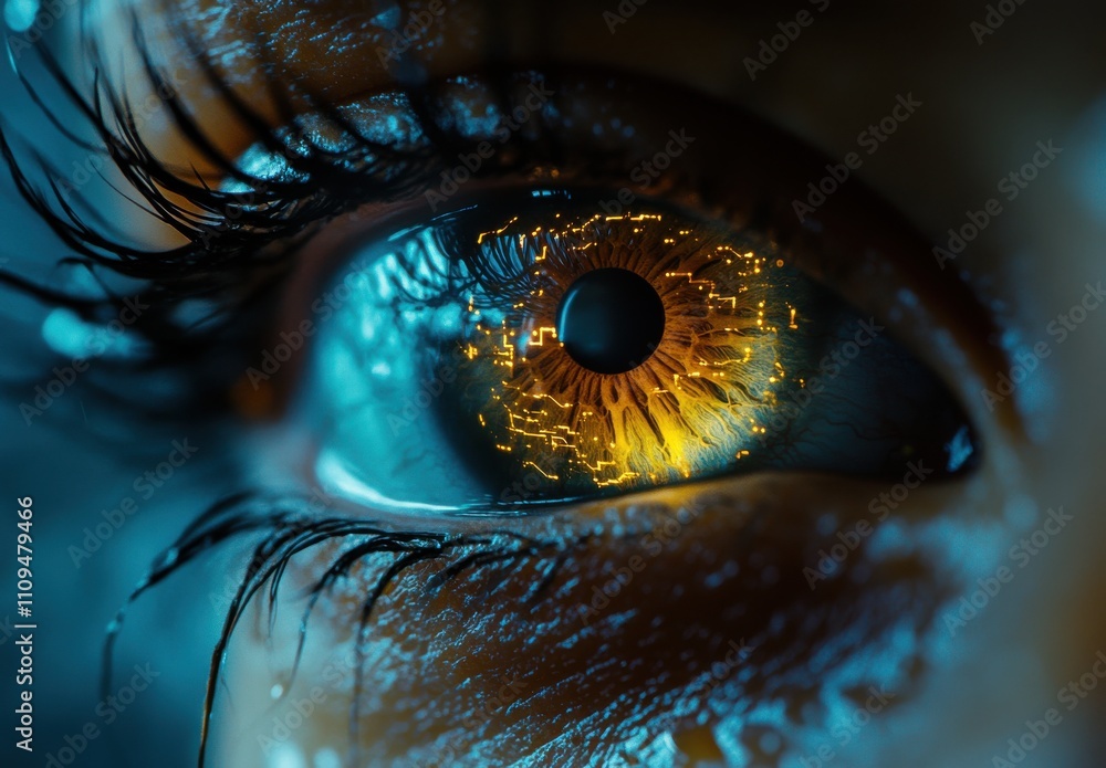 Poster close-up of a human eye with abstract glowing patterns, highlighting the fusion of nature and techno