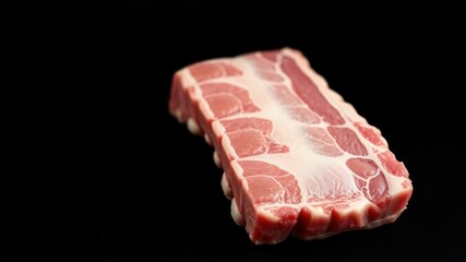 A close-up shot of a raw pork chop, showcasing its marbling and texture against a dark backdrop.